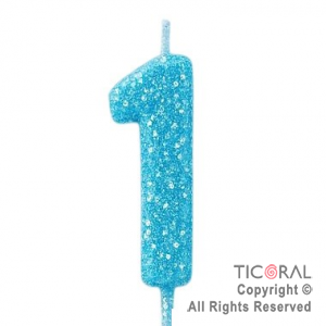 VELA NUMERAL CHICO 5.5 CM CON GIBRE CELESTE NUMERO 1 x 1